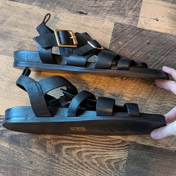 Free People Fisherman Sandals Black Leather Gold Buckles - Picture 2 of 8